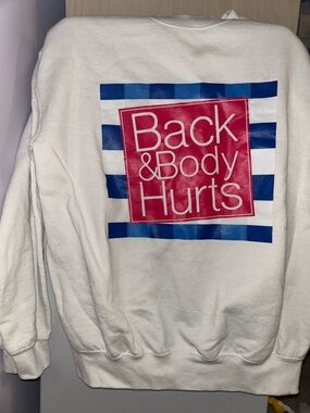 Gildan White Crewneck Sweatshirt with Blue Stripes and Pink Graphic